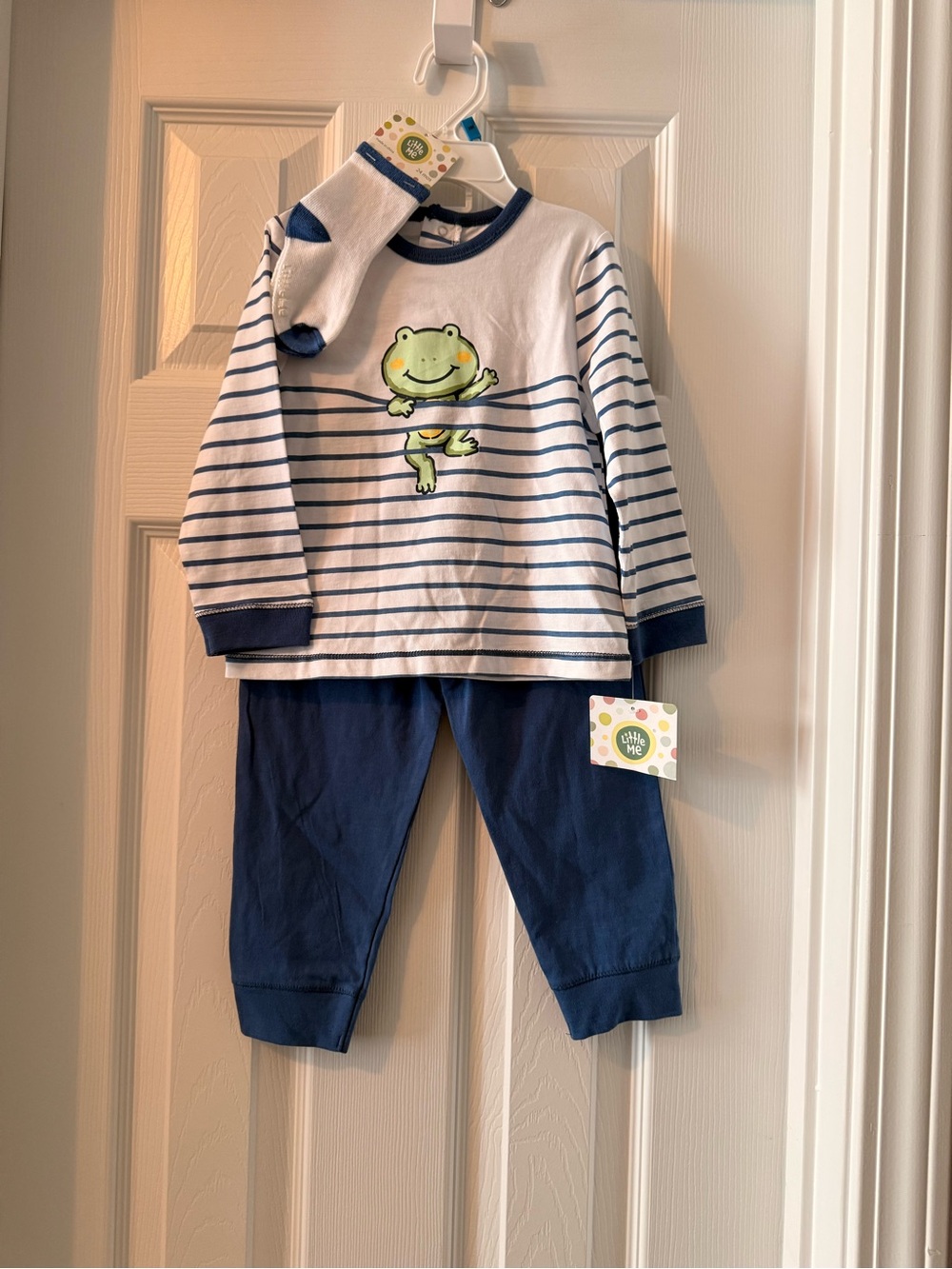 Little Me Navy and White Striped Frog Pajama Set with Socks